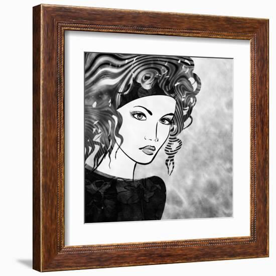 Art Sketched Beautiful Girl Face With Curly Hairs In Black Graphic On White Background-Irina QQQ-Framed Art Print