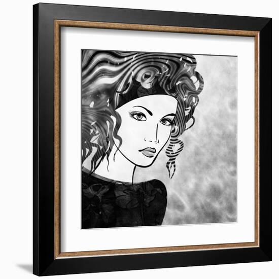 Art Sketched Beautiful Girl Face With Curly Hairs In Black Graphic On White Background-Irina QQQ-Framed Art Print