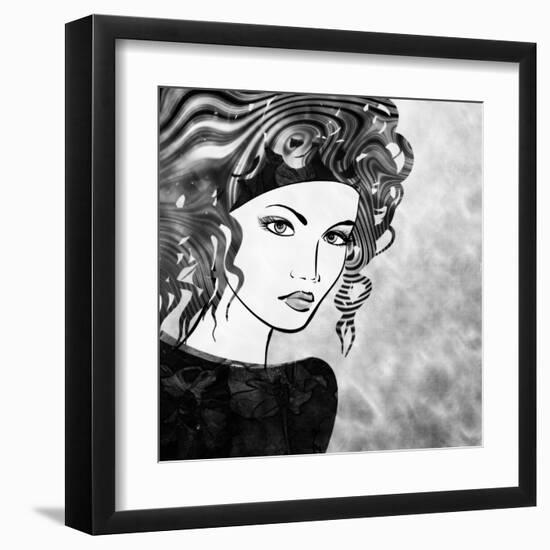 Art Sketched Beautiful Girl Face With Curly Hairs In Black Graphic On White Background-Irina QQQ-Framed Art Print