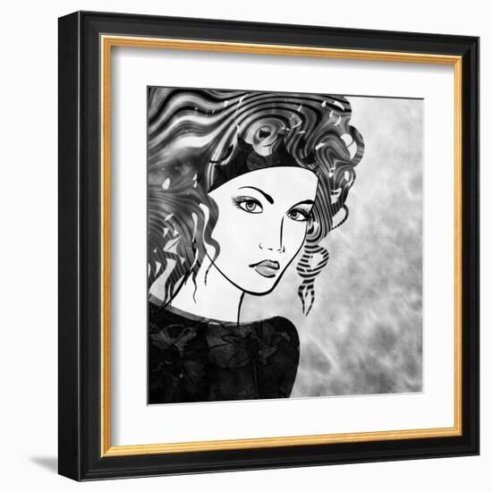 Art Sketched Beautiful Girl Face With Curly Hairs In Black Graphic On White Background-Irina QQQ-Framed Art Print