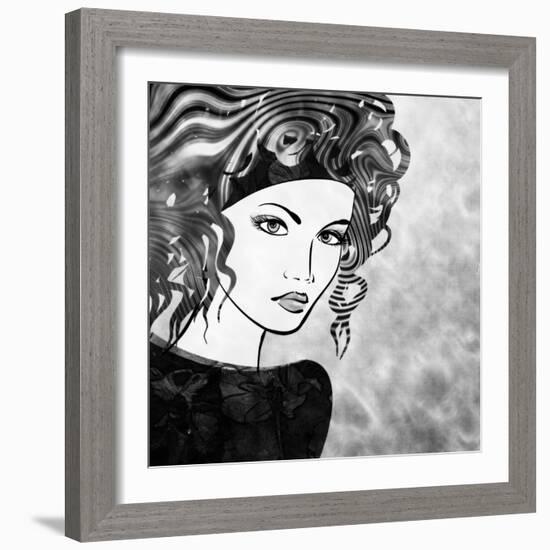 Art Sketched Beautiful Girl Face With Curly Hairs In Black Graphic On White Background-Irina QQQ-Framed Art Print