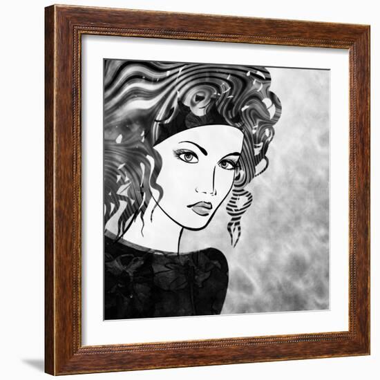 Art Sketched Beautiful Girl Face With Curly Hairs In Black Graphic On White Background-Irina QQQ-Framed Art Print