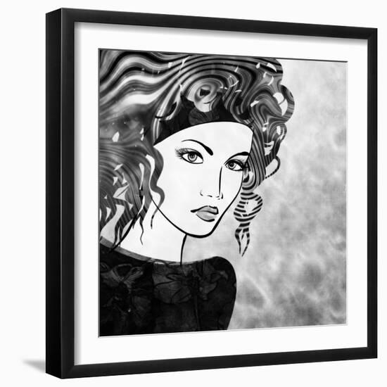 Art Sketched Beautiful Girl Face With Curly Hairs In Black Graphic On White Background-Irina QQQ-Framed Art Print