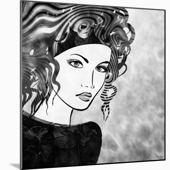 Art Sketched Beautiful Girl Face With Curly Hairs In Black Graphic On White Background-Irina QQQ-Mounted Art Print