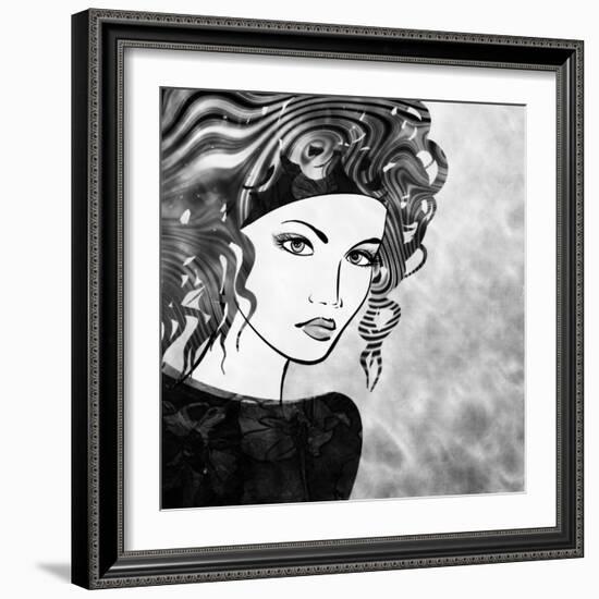 Art Sketched Beautiful Girl Face With Curly Hairs In Black Graphic On White Background-Irina QQQ-Framed Art Print