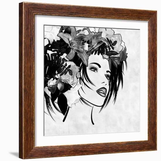 Art Sketched Beautiful Girl Face With Flowers In Hair In Black Graphic On White Background-Irina QQQ-Framed Art Print