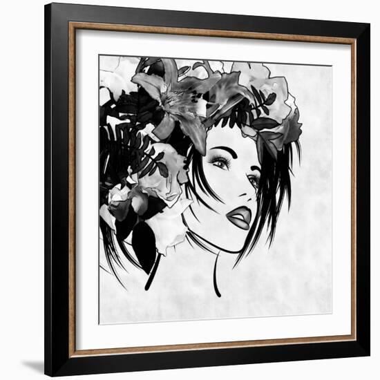 Art Sketched Beautiful Girl Face With Flowers In Hair In Black Graphic On White Background-Irina QQQ-Framed Art Print