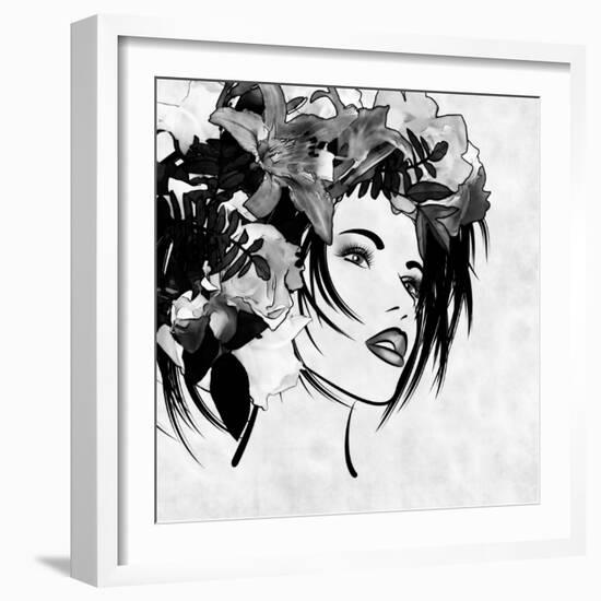 Art Sketched Beautiful Girl Face With Flowers In Hair In Black Graphic On White Background-Irina QQQ-Framed Art Print