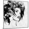 Art Sketched Beautiful Girl Face With Flowers In Hair In Black Graphic On White Background-Irina QQQ-Mounted Art Print