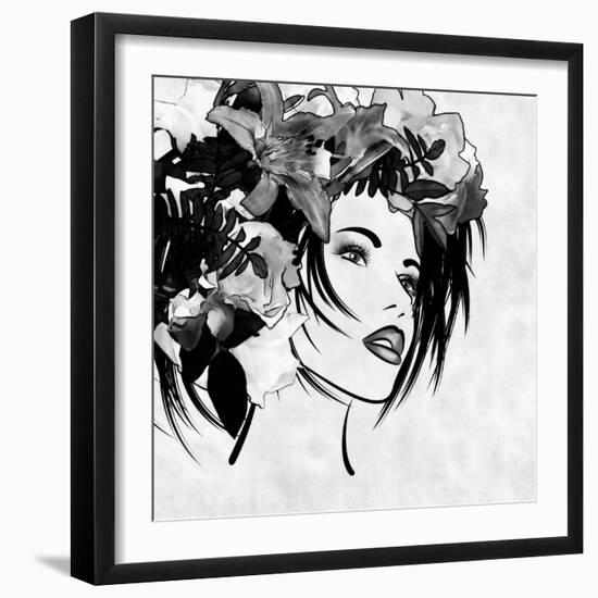 Art Sketched Beautiful Girl Face With Flowers In Hair In Black Graphic On White Background-Irina QQQ-Framed Premium Giclee Print