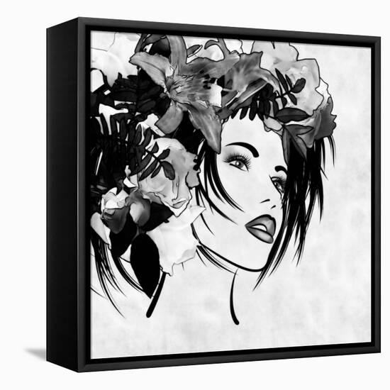 Art Sketched Beautiful Girl Face With Flowers In Hair In Black Graphic On White Background-Irina QQQ-Framed Stretched Canvas