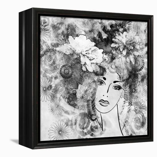 Art Sketched Beautiful Girl Face With Flowers In Hair In Black Graphic On White Background-Irina QQQ-Framed Stretched Canvas