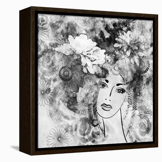 Art Sketched Beautiful Girl Face With Flowers In Hair In Black Graphic On White Background-Irina QQQ-Framed Stretched Canvas