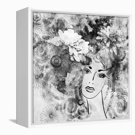 Art Sketched Beautiful Girl Face With Flowers In Hair In Black Graphic On White Background-Irina QQQ-Framed Stretched Canvas