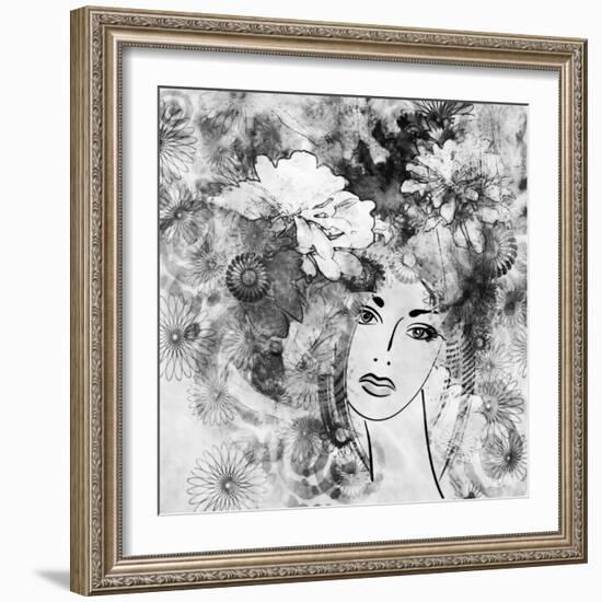 Art Sketched Beautiful Girl Face With Flowers In Hair In Black Graphic On White Background-Irina QQQ-Framed Art Print