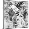 Art Sketched Beautiful Girl Face With Flowers In Hair In Black Graphic On White Background-Irina QQQ-Mounted Art Print