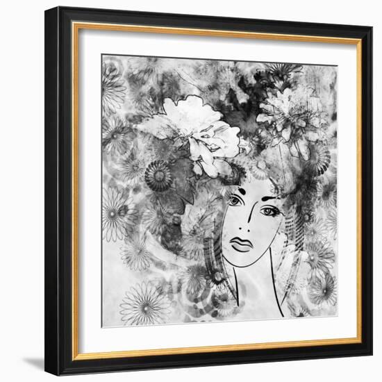 Art Sketched Beautiful Girl Face With Flowers In Hair In Black Graphic On White Background-Irina QQQ-Framed Art Print