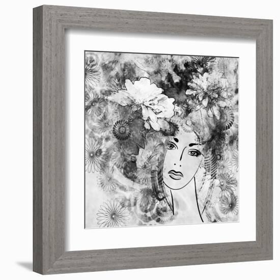 Art Sketched Beautiful Girl Face With Flowers In Hair In Black Graphic On White Background-Irina QQQ-Framed Art Print