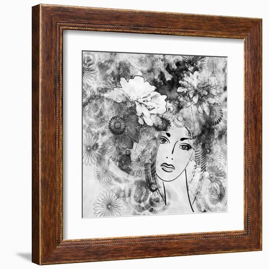 Art Sketched Beautiful Girl Face With Flowers In Hair In Black Graphic On White Background-Irina QQQ-Framed Art Print