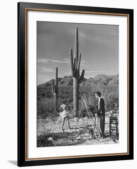 Arthritis Patient Hutton Webster, Jr. Painting Nude Model in Desert at Clinic--Framed Photographic Print