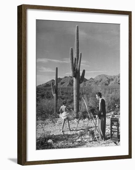 Arthritis Patient Hutton Webster, Jr. Painting Nude Model in Desert at Clinic-null-Framed Photographic Print