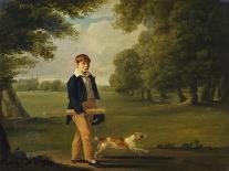 An Eton Schoolboy Carrying a Cricket Bat, with His Dog, on Playing Fields,-Arthur William Devis (Circle of)-Giclee Print