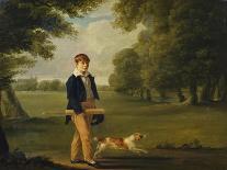 An Eton Schoolboy Carrying a Cricket Bat, with His Dog, on Playing Fields,-Arthur William Devis (Circle of)-Giclee Print
