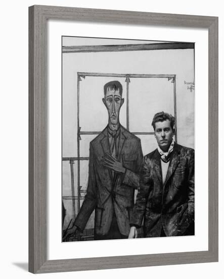 Artist Bernard Buffet Standing Next to a Self Portrait of Himself-Dmitri Kessel-Framed Premium Photographic Print