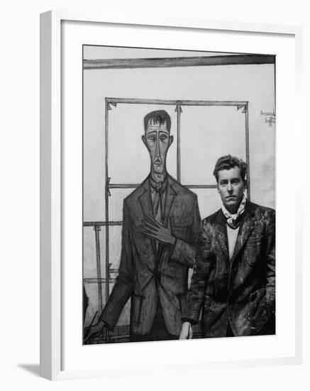 Artist Bernard Buffet Standing Next to a Self Portrait of Himself-Dmitri Kessel-Framed Premium Photographic Print