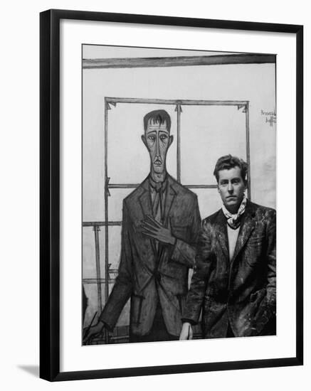 Artist Bernard Buffet Standing Next to a Self Portrait of Himself-Dmitri Kessel-Framed Premium Photographic Print