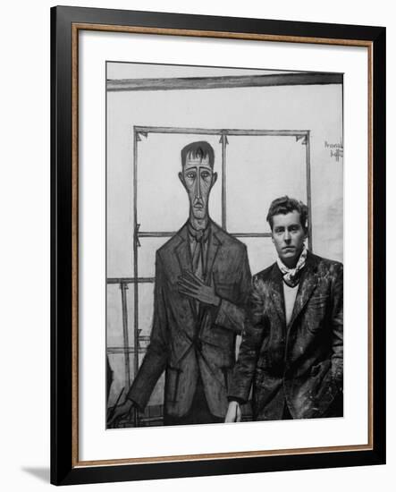 Artist Bernard Buffet Standing Next to a Self Portrait of Himself-Dmitri Kessel-Framed Premium Photographic Print