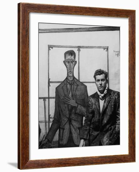 Artist Bernard Buffet Standing Next to a Self Portrait of Himself-Dmitri Kessel-Framed Premium Photographic Print