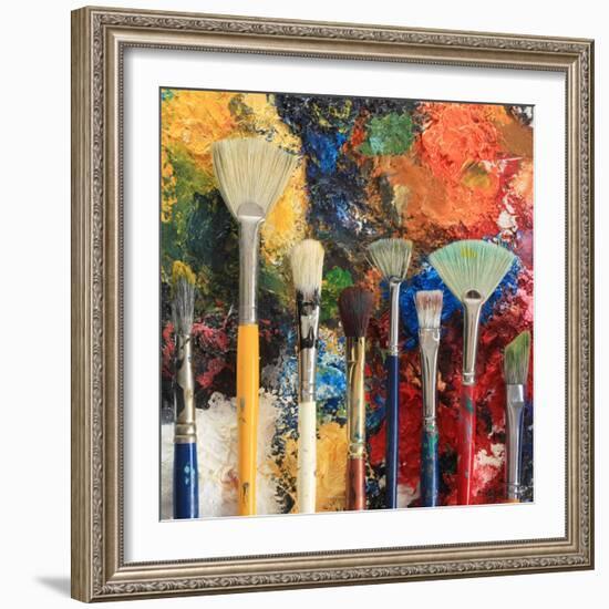 Artist Brushes On An Oil Painting Background-Hannamariah-Framed Art Print