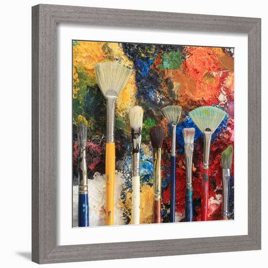 Artist Brushes On An Oil Painting Background-Hannamariah-Framed Art Print