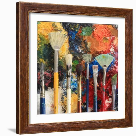 Artist Brushes On An Oil Painting Background-Hannamariah-Framed Art Print