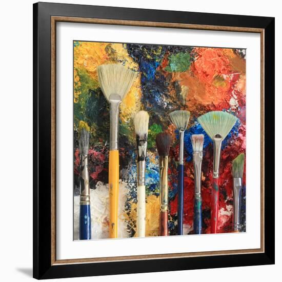 Artist Brushes On An Oil Painting Background-Hannamariah-Framed Art Print