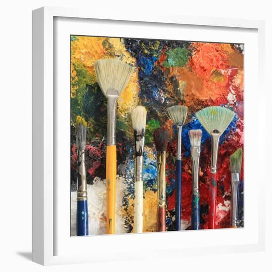 Artist Brushes On An Oil Painting Background-Hannamariah-Framed Art Print