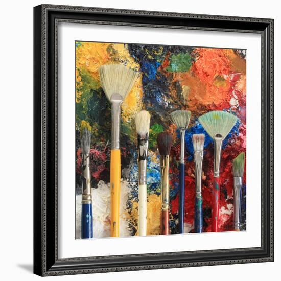 Artist Brushes On An Oil Painting Background-Hannamariah-Framed Art Print