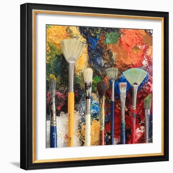 Artist Brushes On An Oil Painting Background-Hannamariah-Framed Art Print