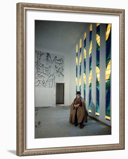 Artist Henri Matisse in Chapel He Created. the Tiles on Wall Depict Stations of the Cross-Dmitri Kessel-Framed Premium Photographic Print