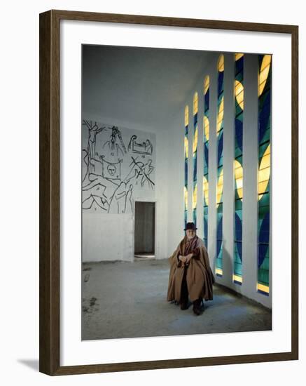Artist Henri Matisse in Chapel He Created. the Tiles on Wall Depict Stations of the Cross-Dmitri Kessel-Framed Premium Photographic Print