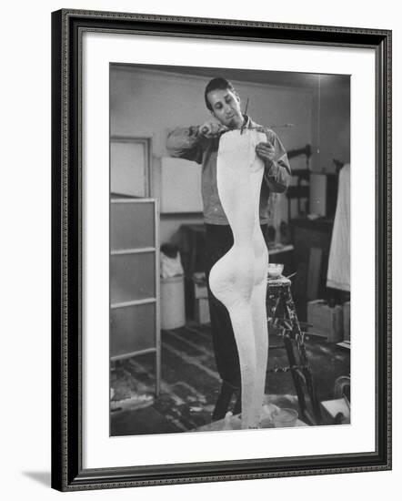 Artist James Rosati Working on a Sculpture in His Studio on East 10th St-null-Framed Premium Photographic Print