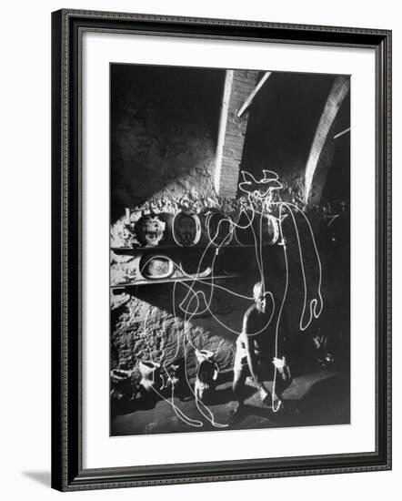 Artist Pablo Picasso "Painting" with Light at Madoura Pottery-Gjon Mili-Framed Premium Photographic Print