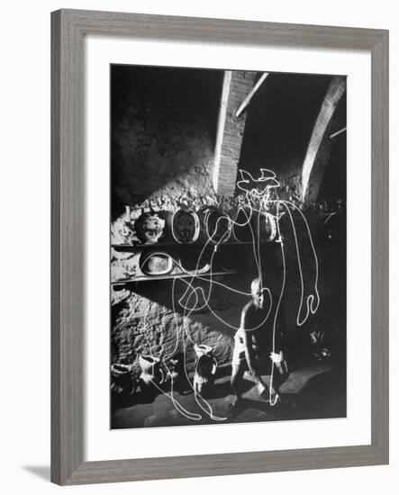 Artist Pablo Picasso "Painting" with Light at Madoura Pottery-Gjon Mili-Framed Premium Photographic Print