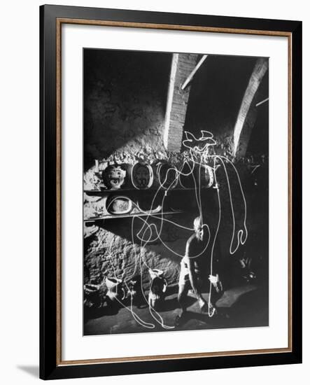 Artist Pablo Picasso "Painting" with Light at Madoura Pottery-Gjon Mili-Framed Premium Photographic Print