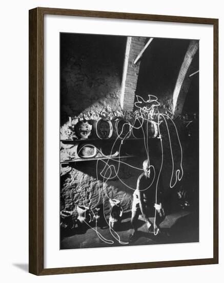 Artist Pablo Picasso "Painting" with Light at Madoura Pottery-Gjon Mili-Framed Premium Photographic Print