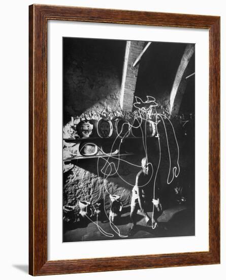 Artist Pablo Picasso "Painting" with Light at Madoura Pottery-Gjon Mili-Framed Premium Photographic Print