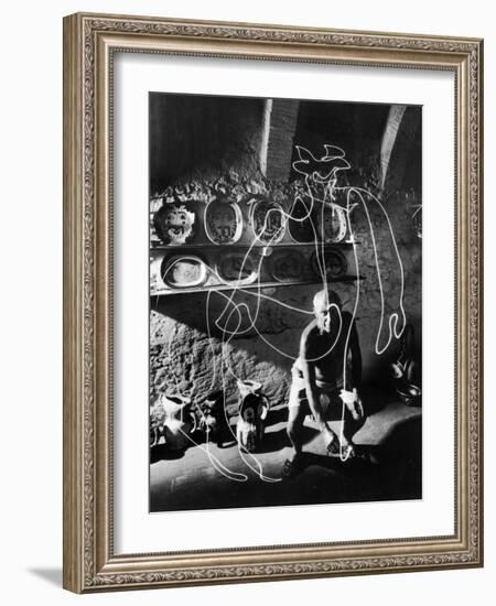 Artist Pablo Picasso "Painting" with Light at the Madoura Pottery-null-Framed Photographic Print