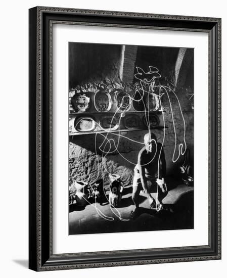 Artist Pablo Picasso "Painting" with Light at the Madoura Pottery-null-Framed Photographic Print