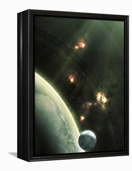 Artist's Concept of a Large Barren World and its Companion Moon-Stocktrek Images-Framed Premier Image Canvas